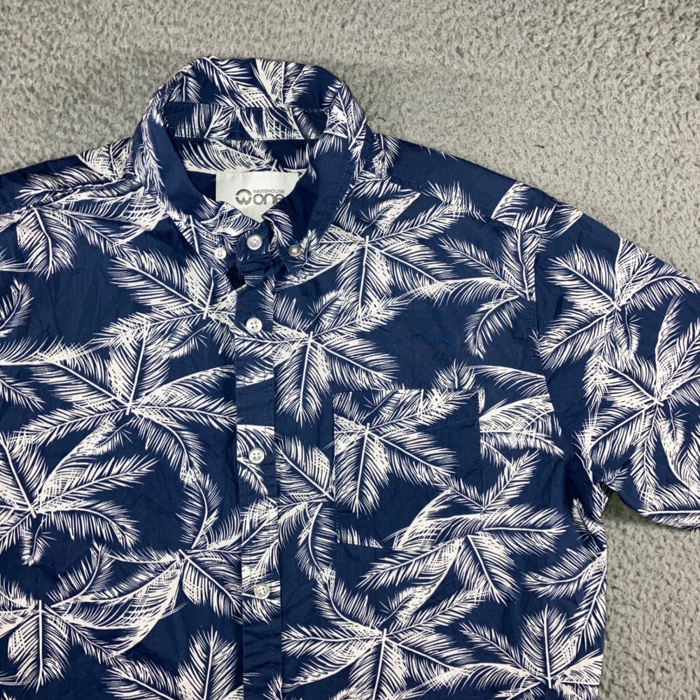 Cotton Hawaiian Shirt Men M Blue White Palm Leaf Print S/S Vacation Cruise Beach